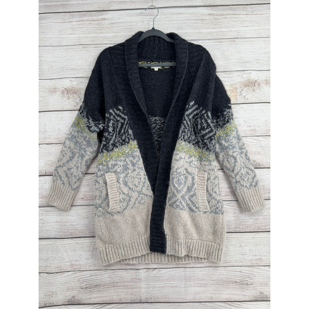 Pilcro Cardigan Sweater Womens S Grey Fair Isle Wool Blend Open Front OB2046657